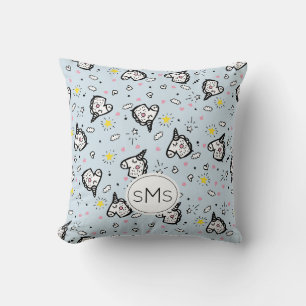 Cojín Decorativo Monograma de Patrón de Unicornio Azul Pastel Femen
