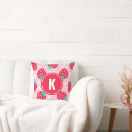 Cojín Decorativo Monograma de Patrón Floral Fresas Rosadas Rojas