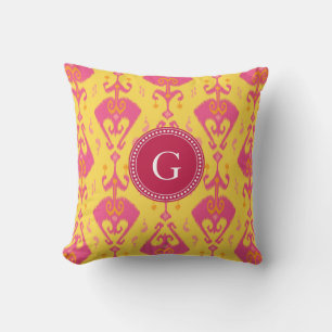 Cojín Decorativo Monograma de patrón tribal de ikat amarillo blanco