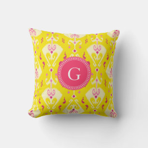 Cojín Decorativo monograma de patrón tribal de ikat amarillo girato