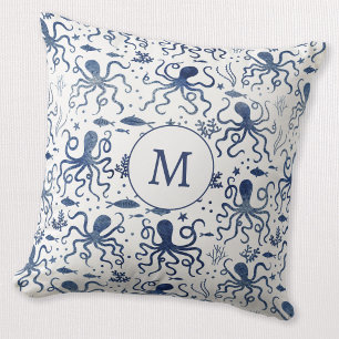 Cojín Decorativo Monograma de Pulpo Submarino con Acuarela Azul Cos