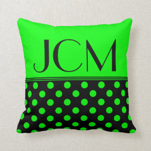Cojín Decorativo Monograma de puntos de polka verde limón/negro