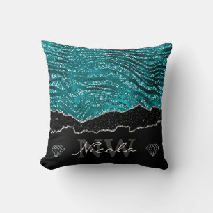 Cojín Decorativo Monograma de rayas de tigre con brillo glam teal