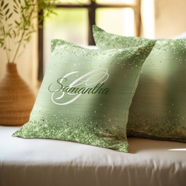 Cojín Decorativo Monograma de Relieve metalizado de Purpurina verde (Mint Green Glitter Foil Monogram Throw Pillow)