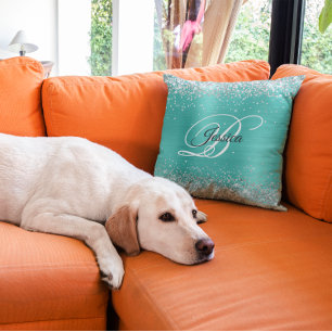 Cojín Decorativo Monograma de Relieve metalizado turquesa Purpurina