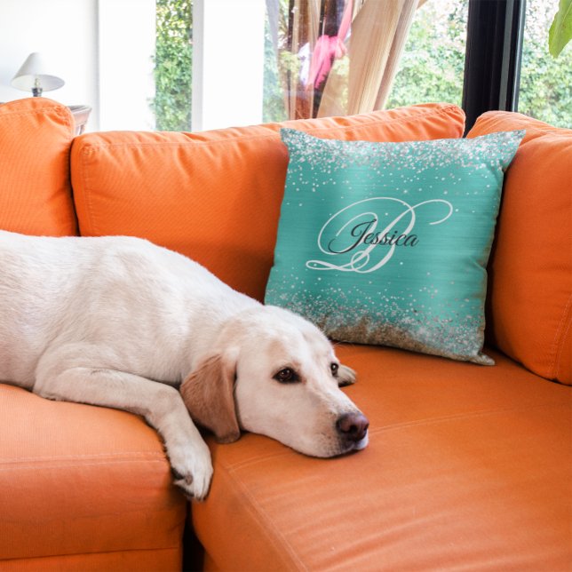 Cojín Decorativo Monograma de Relieve metalizado turquesa Purpurina (Silver Glitter Turquoise Foil Monogram Throw Pillow)