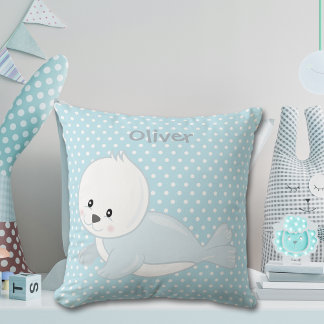 Cojín Decorativo Monograma de sellado ártico para bebé de polka azu