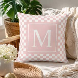 Cojín Decorativo Monograma de tablero de ajedrez rosado Rubor perso