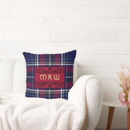 Cojín Decorativo Monograma de tartán rojo azul en fuente de león ce
