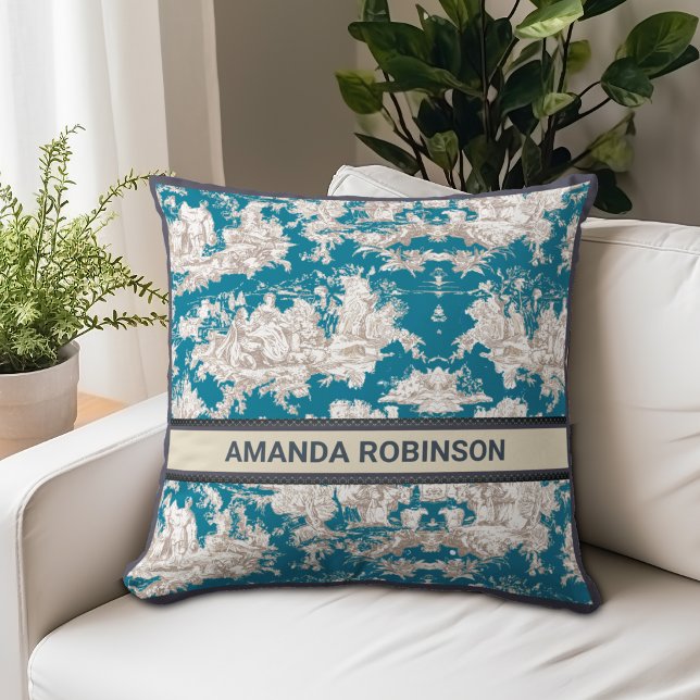 Cojín Decorativo Monograma de tela azul turquesa de jouy (Subido por el creador)