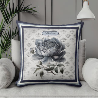 Cojín Decorativo Monograma de tela de chinoiserie azul con flores d