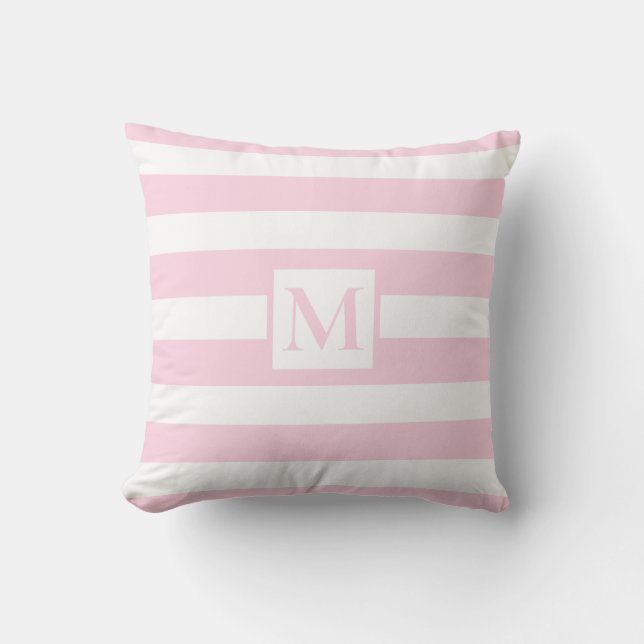 Cojín Decorativo Monograma de tiras blancas rosadas clásicas (Anverso)