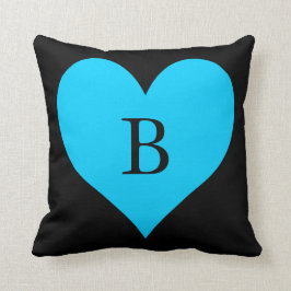 Cojín Decorativo Monograma del Corazón Azul Negro y Aqua