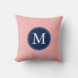 Cojín Decorativo Monograma del patrón de clave griega azul coralino