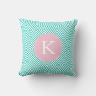 Cojín Decorativo Monograma del patrón de clave griega rosa Aqua
