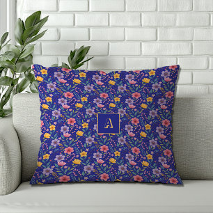 Cojín Decorativo Monograma del patrón de flor silvestre azul simple