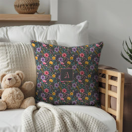 Cojín Decorativo Monograma del patrón de flor silvestre simple gris