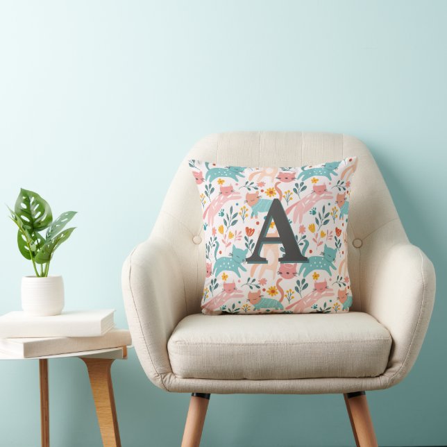 Cojín Decorativo Monograma del patrón de gato caprichoso (Silla)