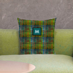Cojín Decorativo Monograma del patrón de tartán de la placa verde c