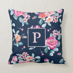 Cojín Decorativo Monograma del patrón floral de rosas rosadas vibra