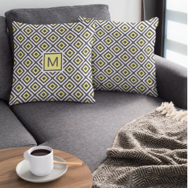 Cojín Decorativo Monograma del patrón geométrico amarillo gris