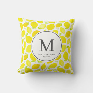 Cojín Decorativo Monograma del patrón limón amarillo brillante de c