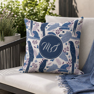 Cojín Decorativo Monograma del patrón tropical azul de loro arábigo