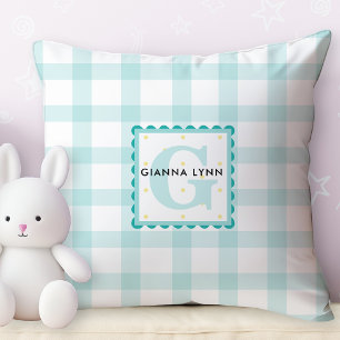 Cojín Decorativo Monograma del Personalizable Aqua Blue Gingham