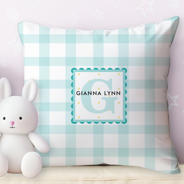Cojín Decorativo Monograma del Personalizable Aqua Blue Gingham (Subido por el creador)