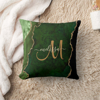 Cojín Decorativo Monograma del Purpurina de oro verde de moda Agate