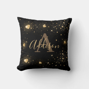 Cojín Decorativo Monograma del Purpurina Girly Glam Black Gold