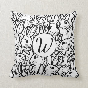 Cojín Decorativo Monograma Dibujos de conejo blanco y negro conejit