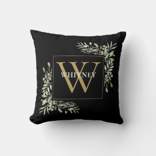 Cojín Decorativo Monograma Dorado Follaje Verde Moderno Negro