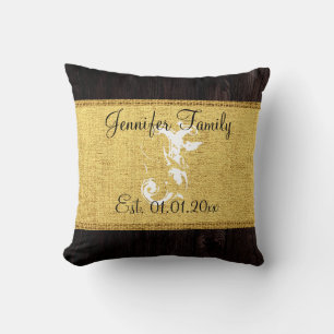 Cojín Decorativo Monograma Dorado Rústico Burlap Linaje Aspecto Mad