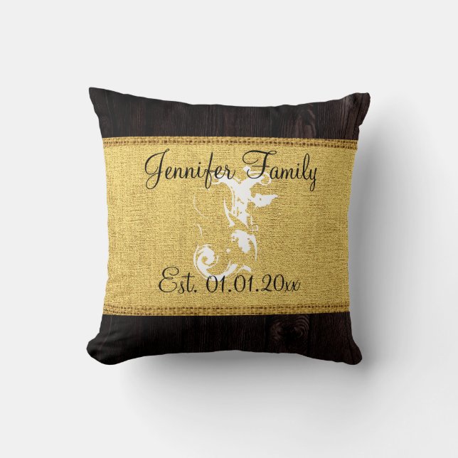 Cojín Decorativo Monograma Dorado Rústico Burlap Linaje Aspecto Mad (Anverso)