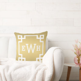 Cojín Decorativo Monograma dorado y blanco | Borde de clave griega