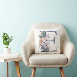 Cojín Decorativo Monograma E Floral Acuarela Azul Rosa Melocotón 