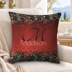 Cojín Decorativo Monograma elegante con brillo rojo negro y dorado