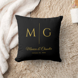 Cojín Decorativo Monograma Elegante Con Nombre De Pareja Negro