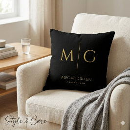 Cojín Decorativo Monograma Elegante Con Nombre Personalizado Negro