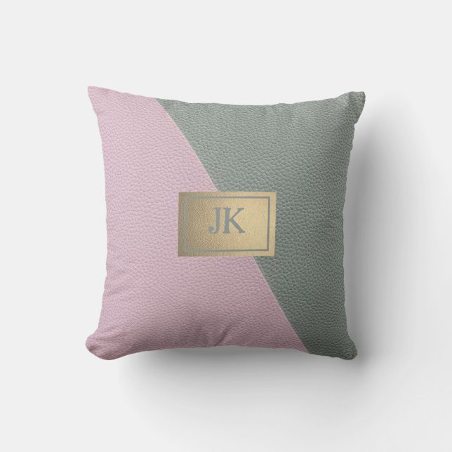 Cojín Decorativo Monograma elegante de cuero rosa verde (Anverso)