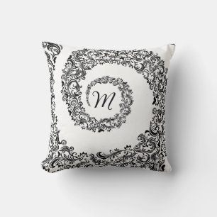 Cojín Decorativo Monograma elegante de damasco negro