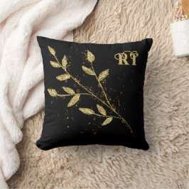 Cojín Decorativo Monograma elegante de la planta negra y dorada