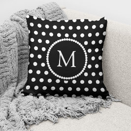 Cojín Decorativo Monograma Elegante de Lunares en Blanco y Negro