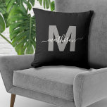 Cojín Decorativo Monograma elegante de nombre de familia blanca neg<br><div class="desc">Elegante Cojín decorativo monograma de nombre de familia blanca negra personalizada. Esta almohada monograma de moda combina un estilo moderno minimalista, limpio y sencillo con un ambiente sofisticado y a la vez moderno, convirtiéndolo en un acento versátil. Con una inicial gris sobre un elegante fondo negro con un elegante nombre...</div>