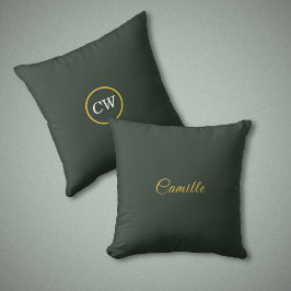 Cojín Decorativo Monograma elegante de oro y verde forestal