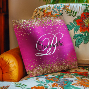 Cojín Decorativo Monograma Elegante de Purpurina Dorada Rosa Fuerte