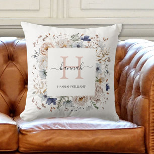 Cojín Decorativo Monograma Elegante Flores Azules Beige Floral Boni