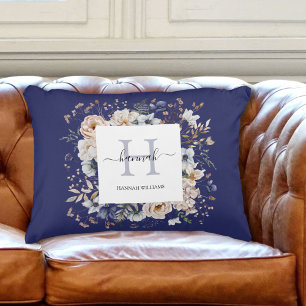 Cojín Decorativo Monograma Elegante Flores Azules Beige Floral Boni