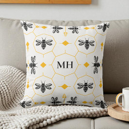 Cojín Decorativo Monograma elegante negro con diseño de abeja amari